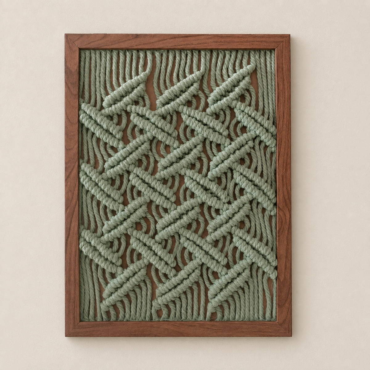 A framed wall art piece featuring a textured, woven geometric pattern in sage green rope or cord over a medium brown wooden frame, displayed against a warm beige wall.