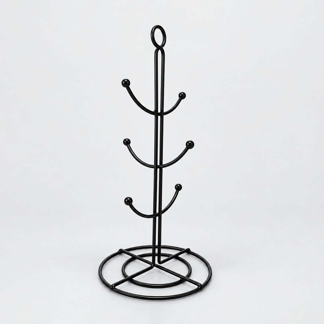 One empty black six-hook mug tree with circular base.