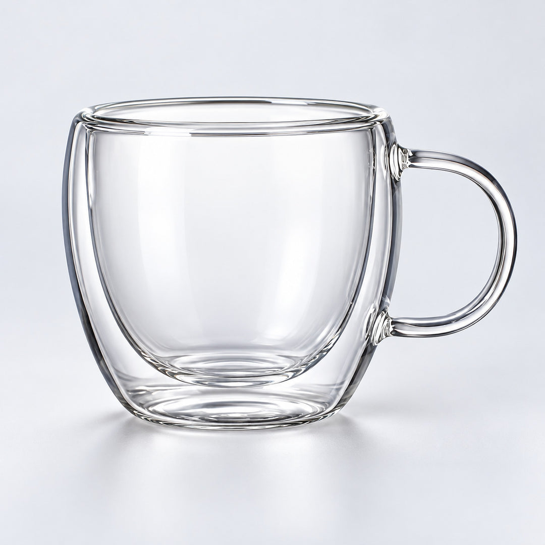 One empty small 150 ml clear double-wall glass mug with handle.