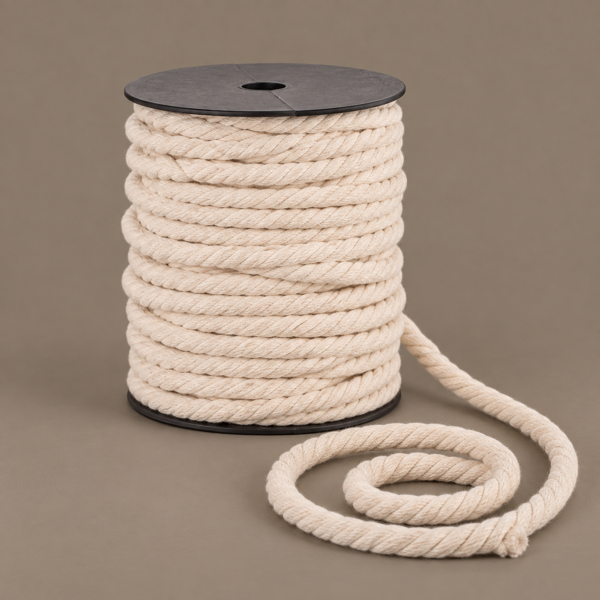 A spool of thick, cream-colored twisted cotton rope with a black plastic core, shown on a solid taupe background with a length of the rope coiled in the foreground.