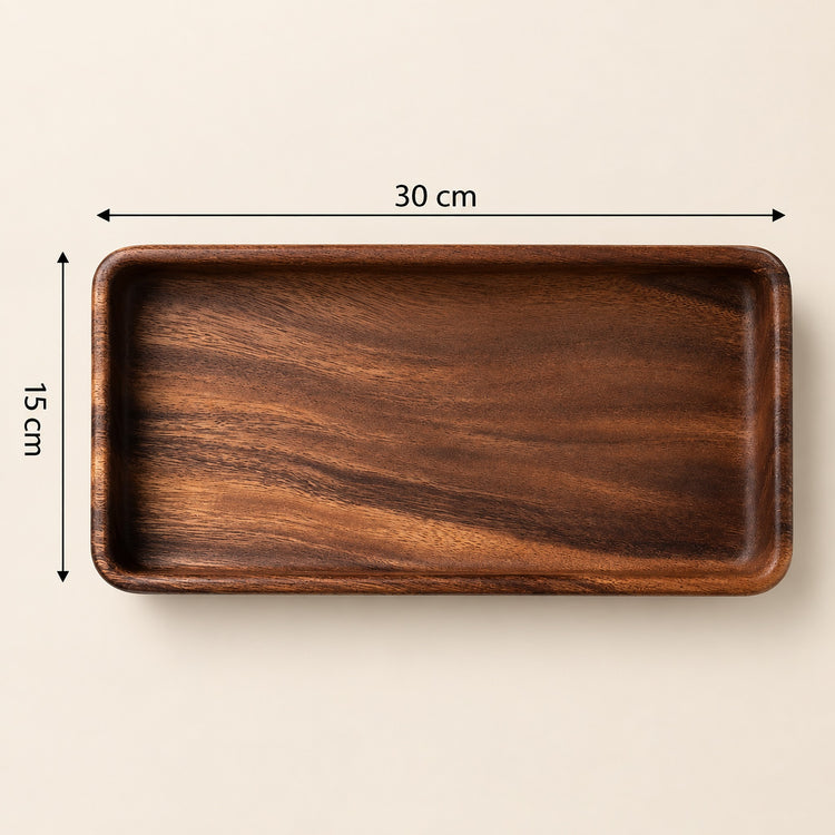 A rectangular dark brown wooden tray with rounded corners, shown from above on a light beige background with dimension lines indicating 30 cm by 15 cm.