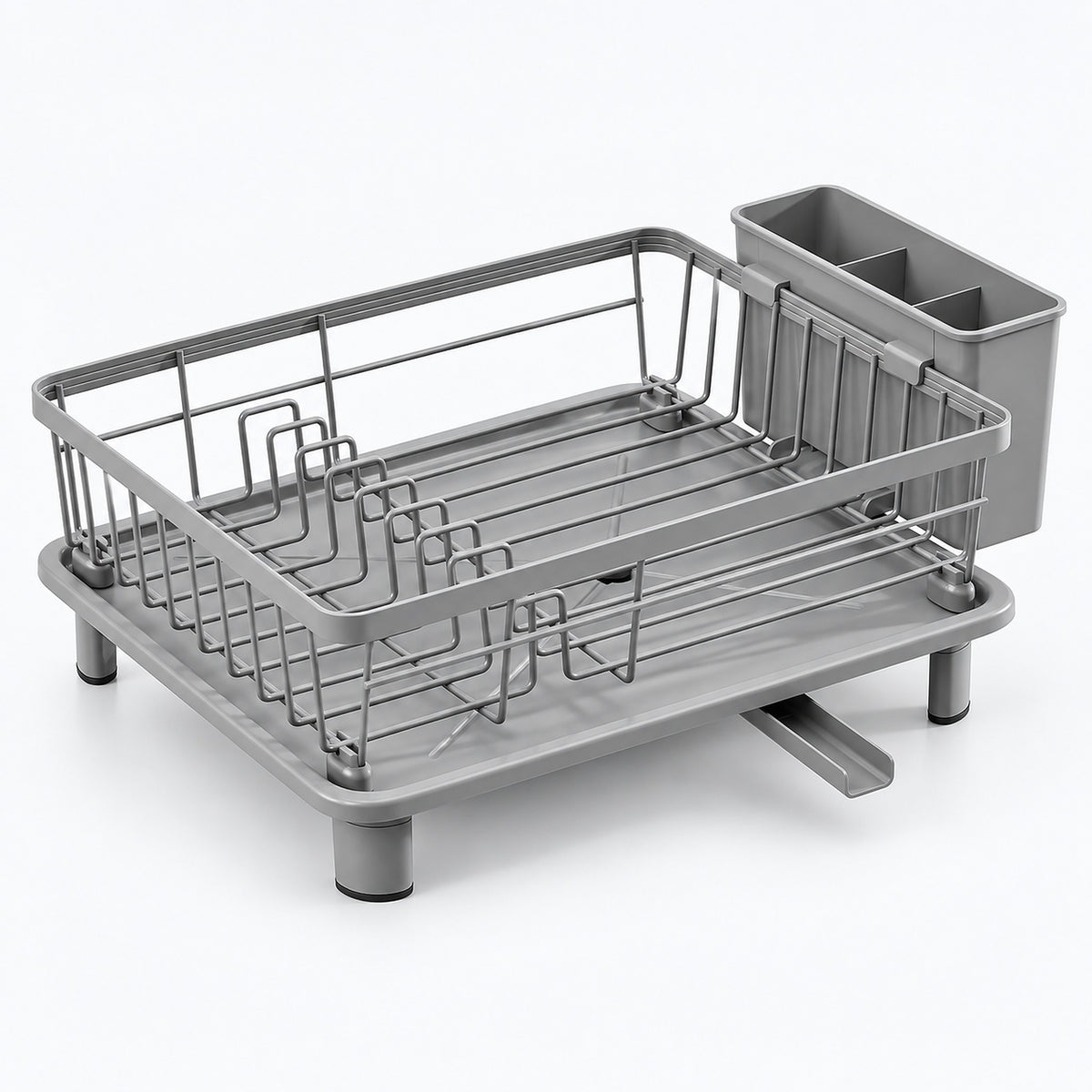 Gray plastic and metal dish rack with a draining tray, wire drying rack, and integrated cup holder, shown on a clean white background.