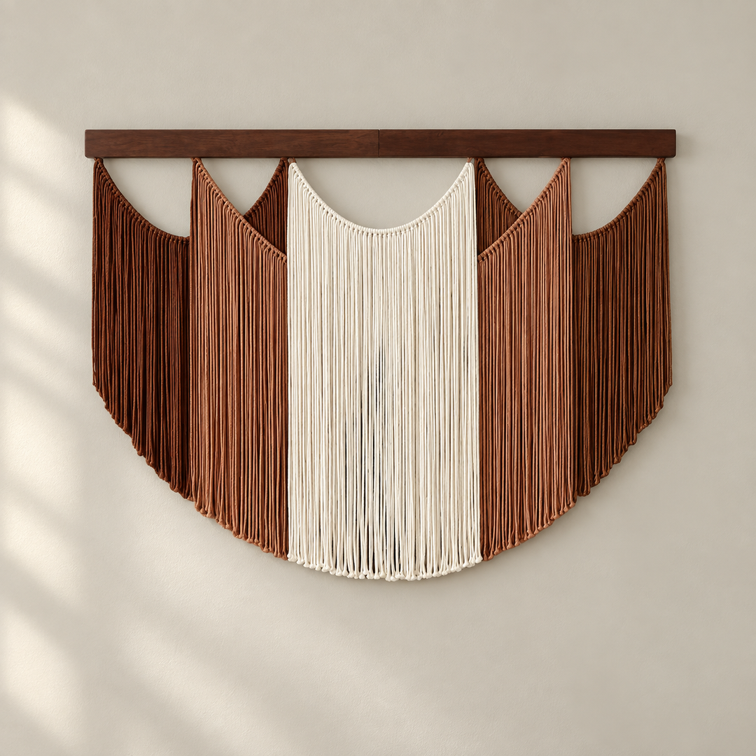 A bohemian-style macrame wall hanging with a dark brown wooden top bar, featuring vertical strands in terracotta brown and cream, suspended against a light beige wall.