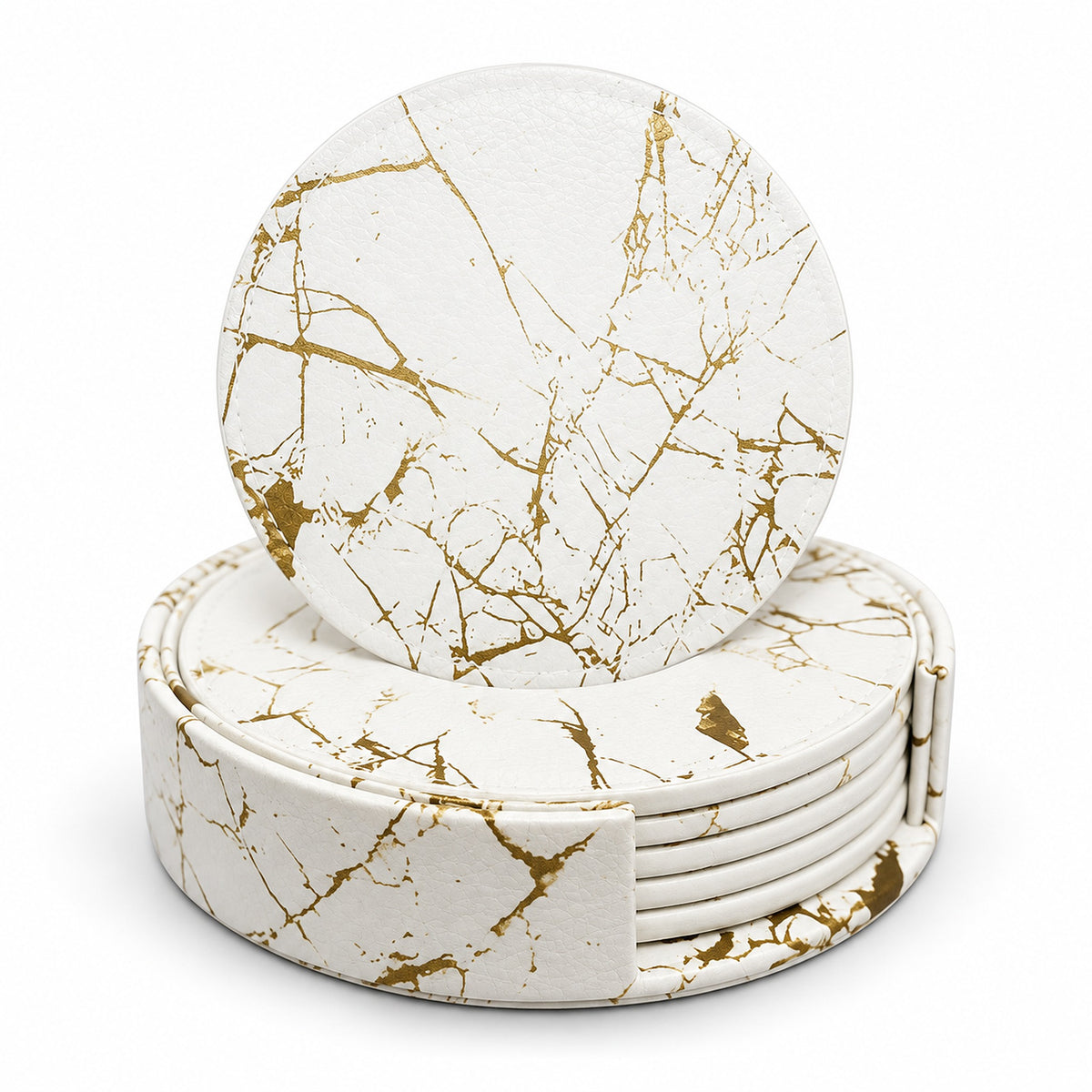 Six white and gold 10 cm artificial-leather coasters with matching holder.