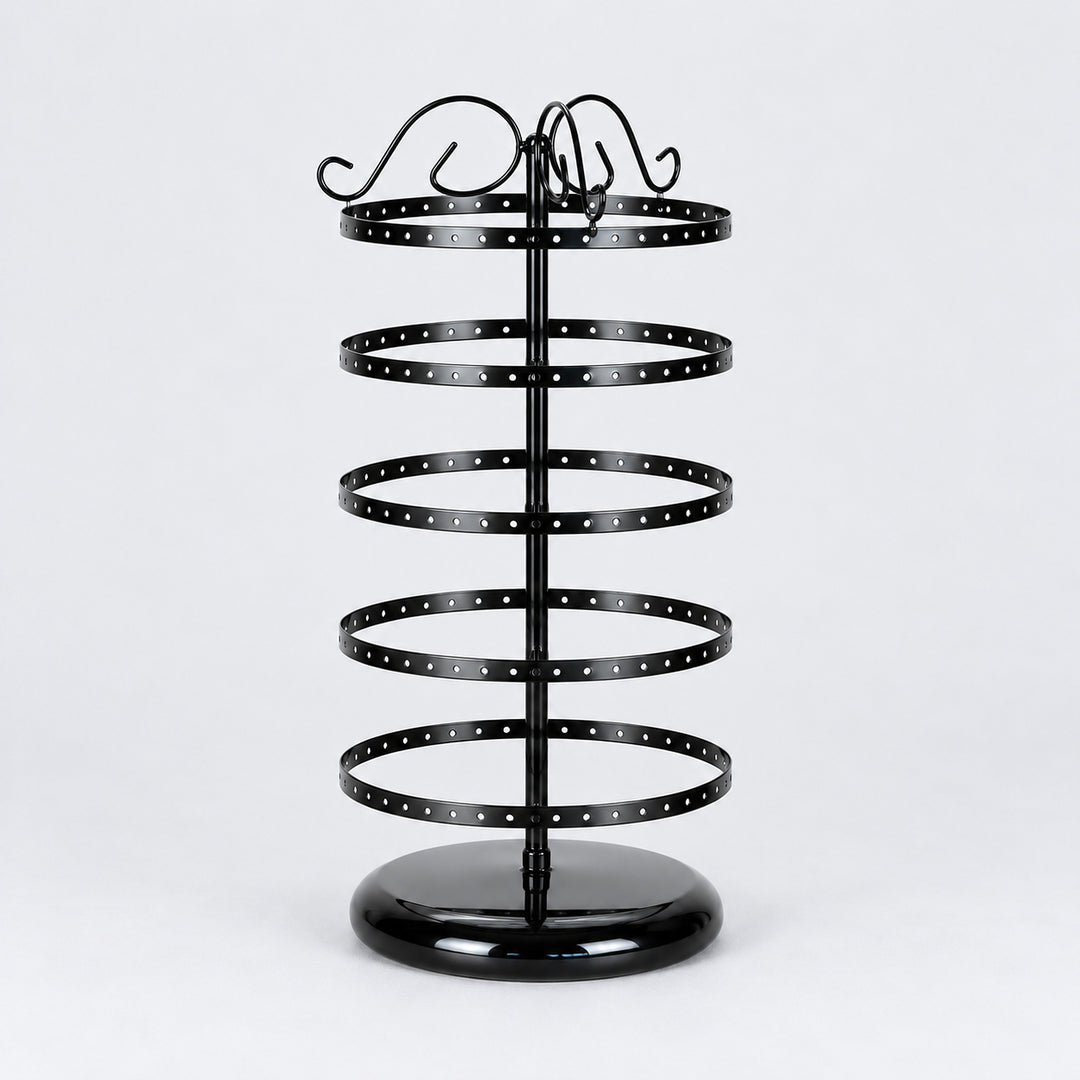 Empty black five-tier jewelry stand with domed circular black pedestal.
