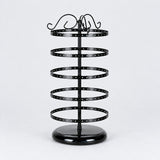 Empty black five-tier jewelry stand with domed circular black pedestal.