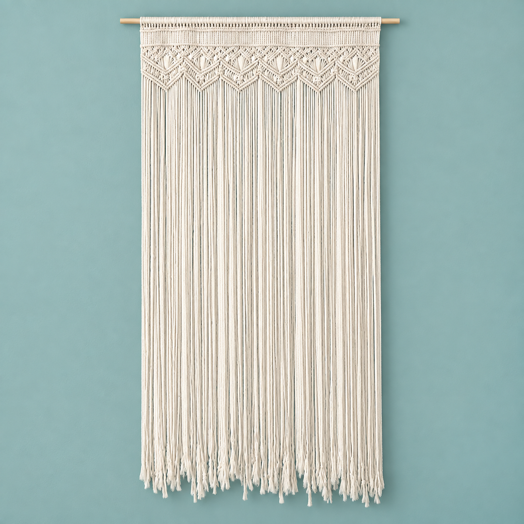 An off-white macrame wall hanging with intricate woven patterns and long fringe, suspended from a light wood rod against a solid teal background.