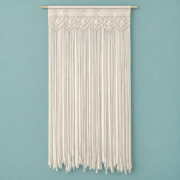 C 110x180 studio on teal, macrame door panel in 6 sizes, twisted cord, wooden hanging rod