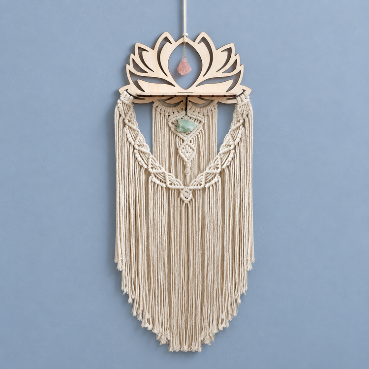 Natural wood lotus with a pink crystal set into it above a macrame body