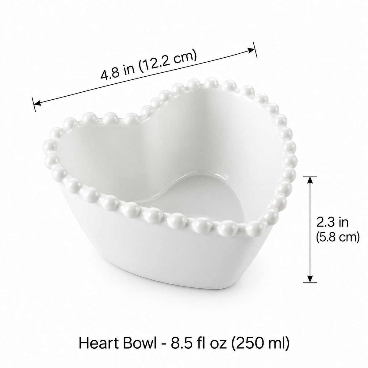 Heart ceramic bowl, 12.2 cm wide and 5.8 cm high, 250 ml; one piece.