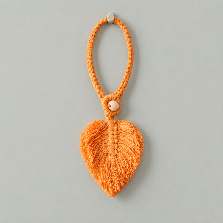 Orange studio on pale gray, macrame leaf holdbacks in 6 colors
