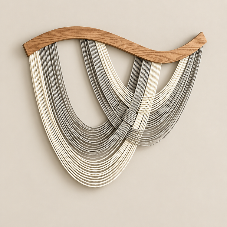 Abstract wall art featuring layered, flowing strands in cream and gray that curve beneath a wavy wooden top bar, shown against a plain warm beige background.