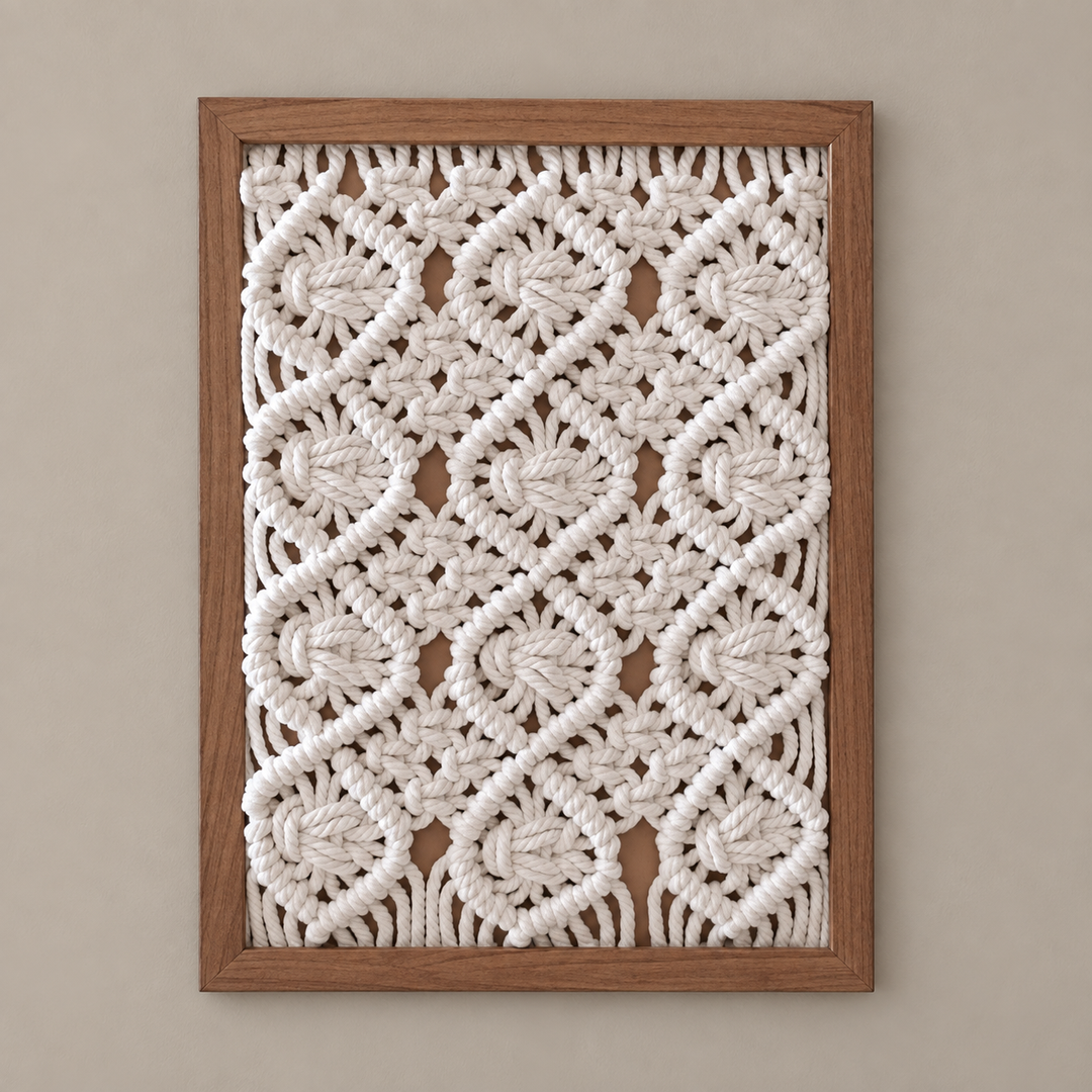 A square framed macrame wall art piece featuring an intricate cream-colored woven geometric pattern inside a medium brown wooden frame, mounted on a neutral beige wall.