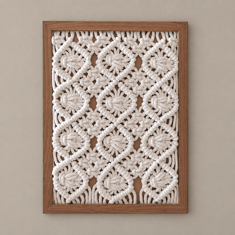 Single small cream frame above an armchair, macrame panel in 13 knot styles
