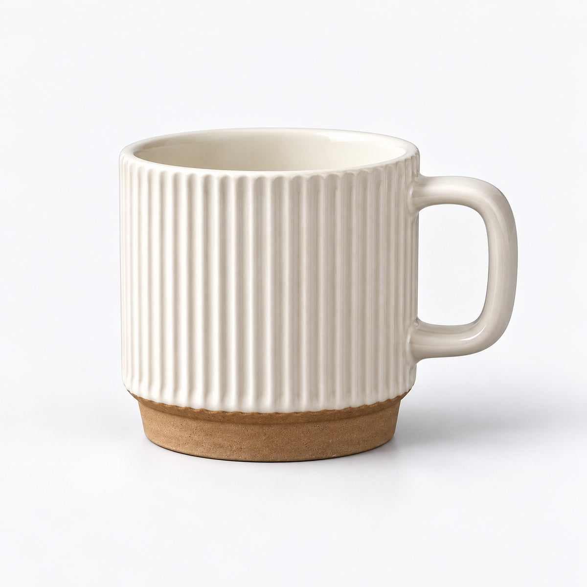 Single empty white 240 ml ceramic mug with ribbed sides.