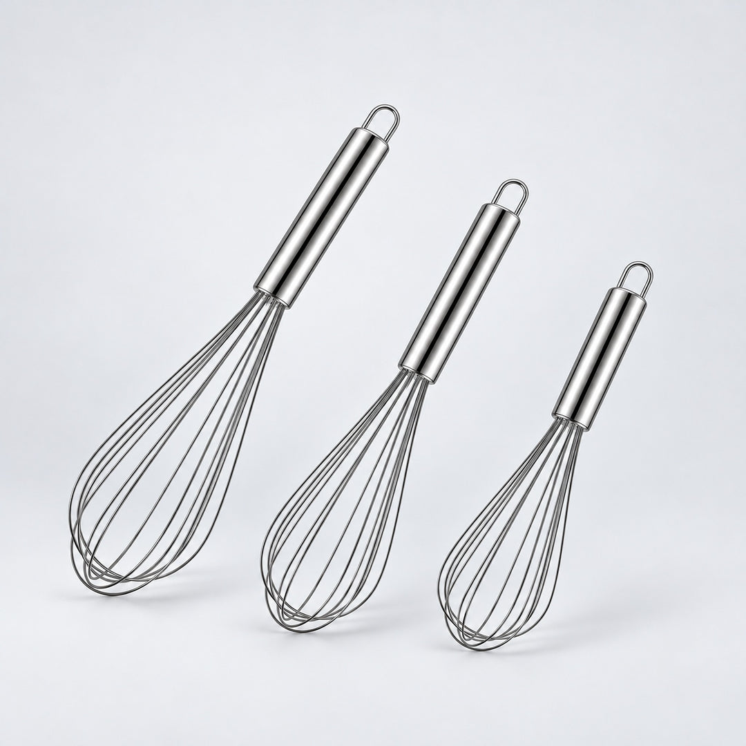 Three-piece stainless balloon whisk set.