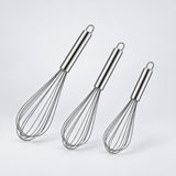 Three-piece stainless balloon whisk set.