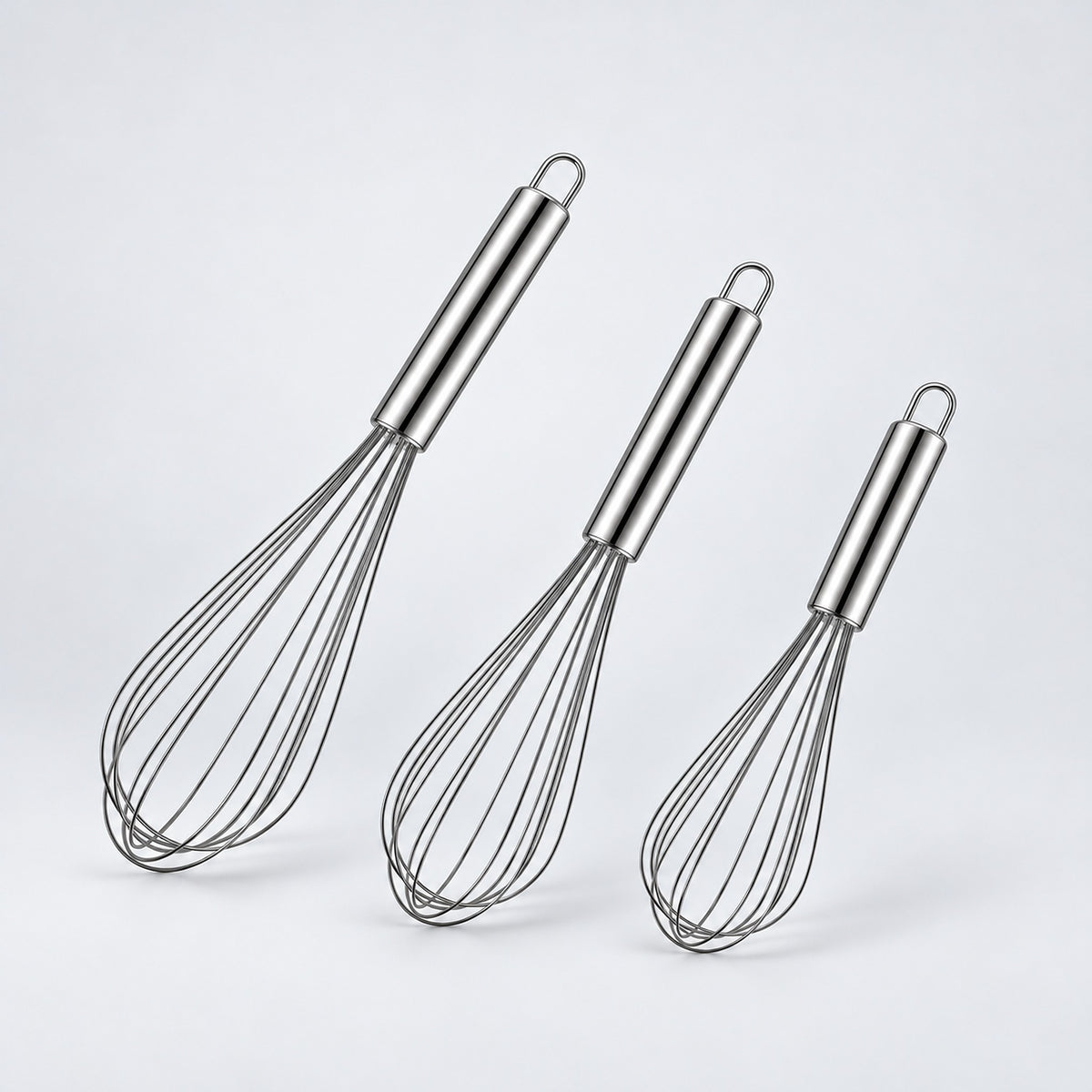 Three-piece stainless balloon whisk set.