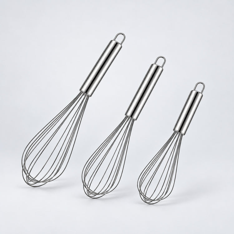 Three-piece stainless balloon whisk set.