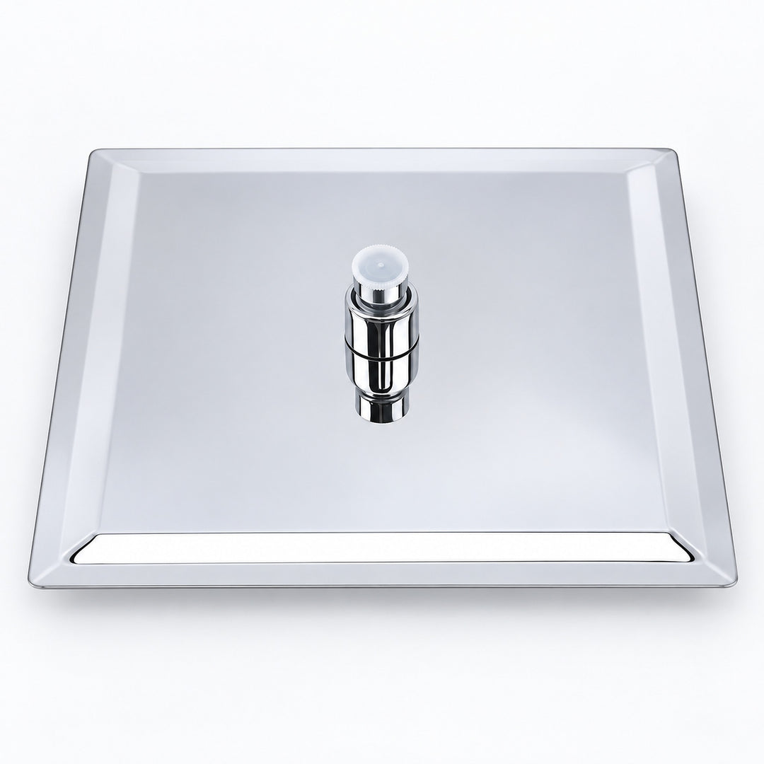 A square chrome pedestal sink with a central polished chrome faucet and a clear acrylic top cover, shown on a clean white background.