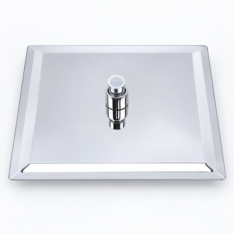 A square chrome pedestal sink with a central polished chrome faucet and a clear acrylic top cover, shown on a clean white background.