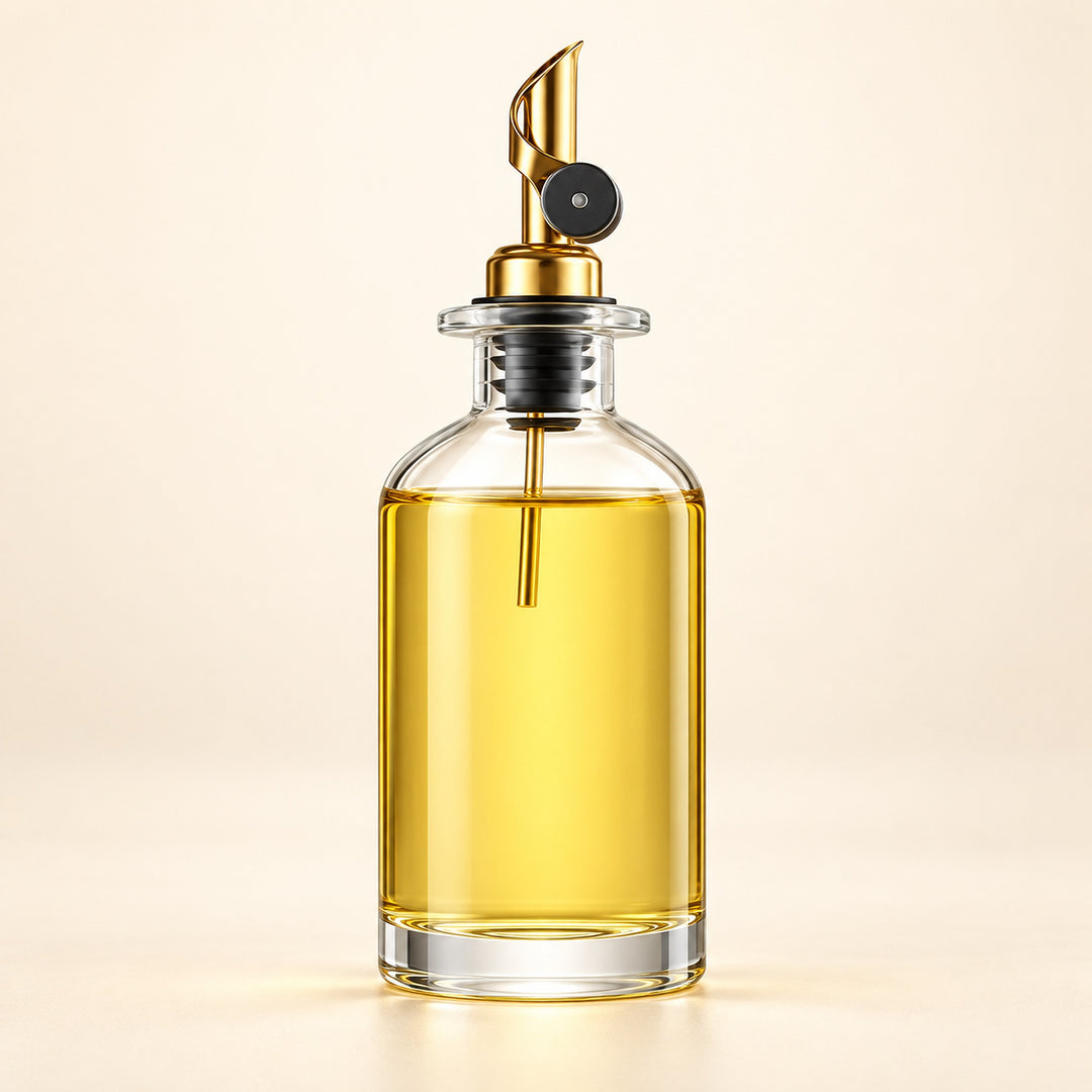A clear glass bottle filled with golden yellow oil, featuring a polished gold metal pour spout with a black collar, set against a warm beige background.