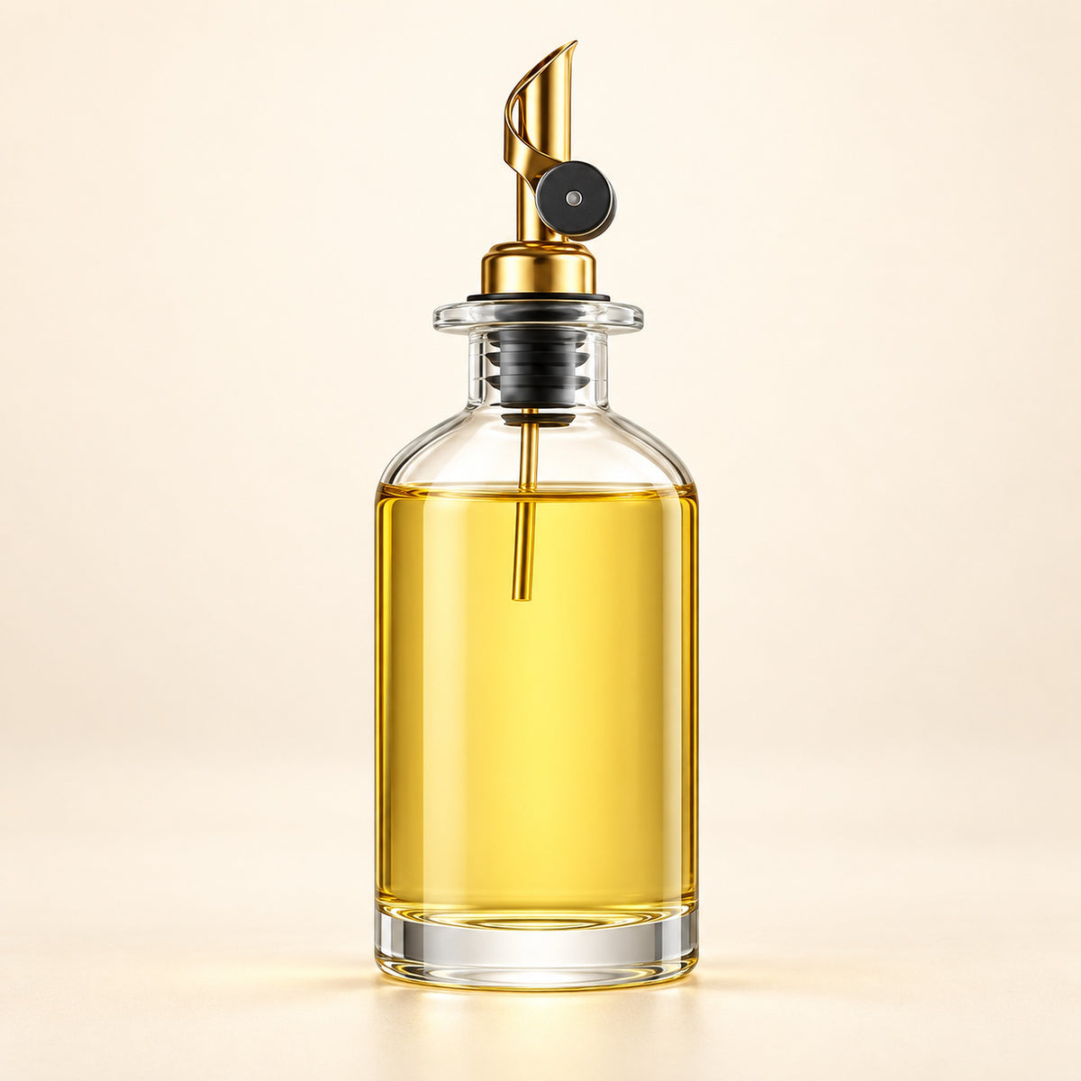 A clear glass bottle filled with golden yellow oil, featuring a polished gold metal pour spout with a black collar, set against a warm beige background.