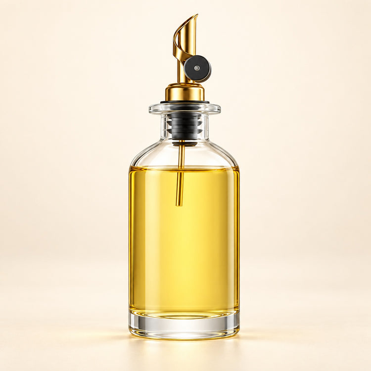 A clear glass bottle filled with golden yellow oil, featuring a polished gold metal pour spout with a black collar, set against a warm beige background.