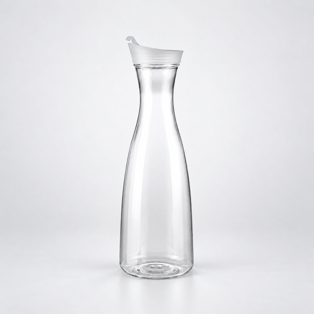 Empty 1600 ml clear plastic carafe with white lid.
