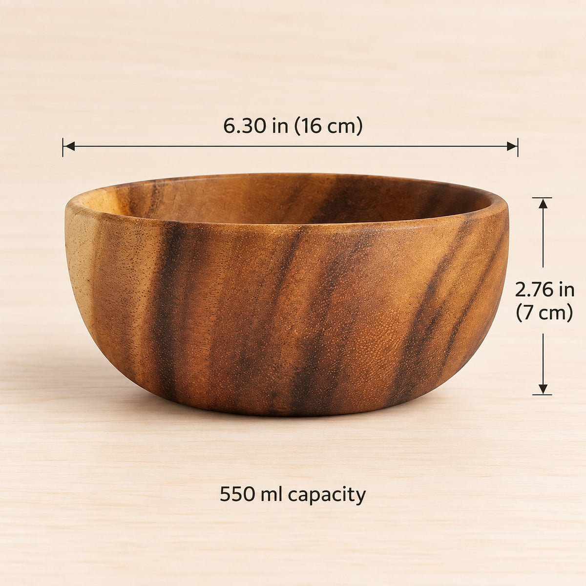Acacia bowl, 6.30 in (16 cm) diameter, 2.76 in (7 cm) high, 550 ml capacity.