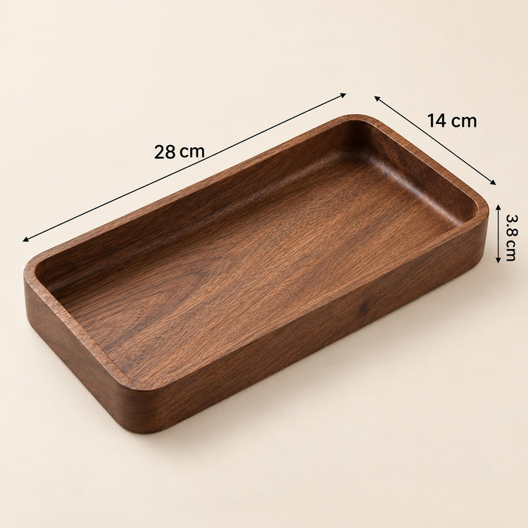A rectangular dark brown wooden tray with rounded corners and a smooth finish, shown on a light beige background with black dimension lines and text indicating measurements of 28 cm, 14 cm, and 3.8 cm.