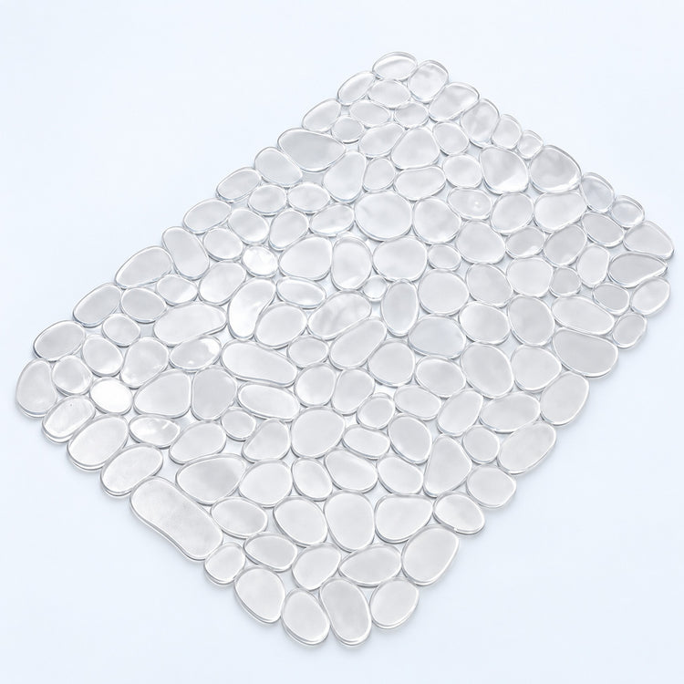 A rectangular sheet of smooth, pebble-shaped glass tiles in a light gray color, arranged in a staggered pattern on a clean white background.