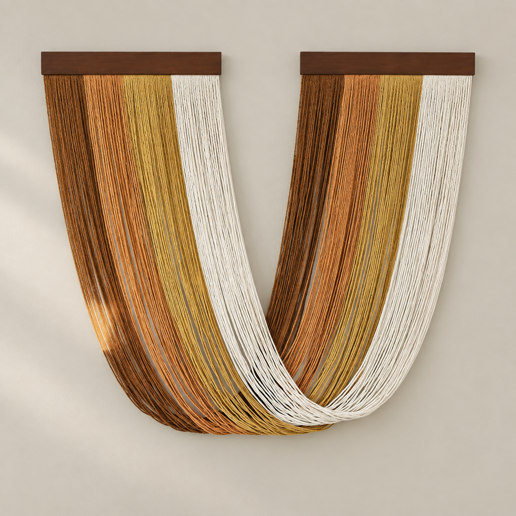 Rust, mustard and cream U swag fringe hanging between two dark battens