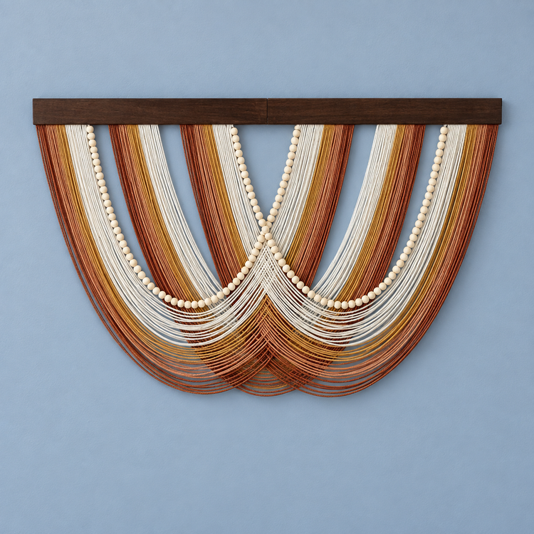 B-04 rust and mustard with beads, 16 swag and fringe styles, fine twisted cord, pale wooden beads on the B series
