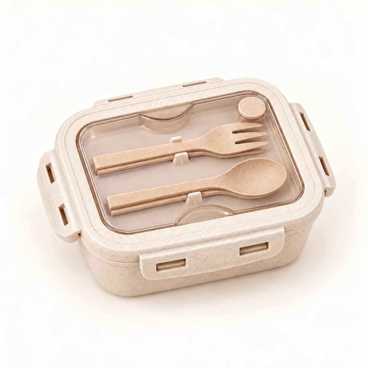 One assembled warm ivory beige lunch box with fork and spoon stored beneath clear lid.