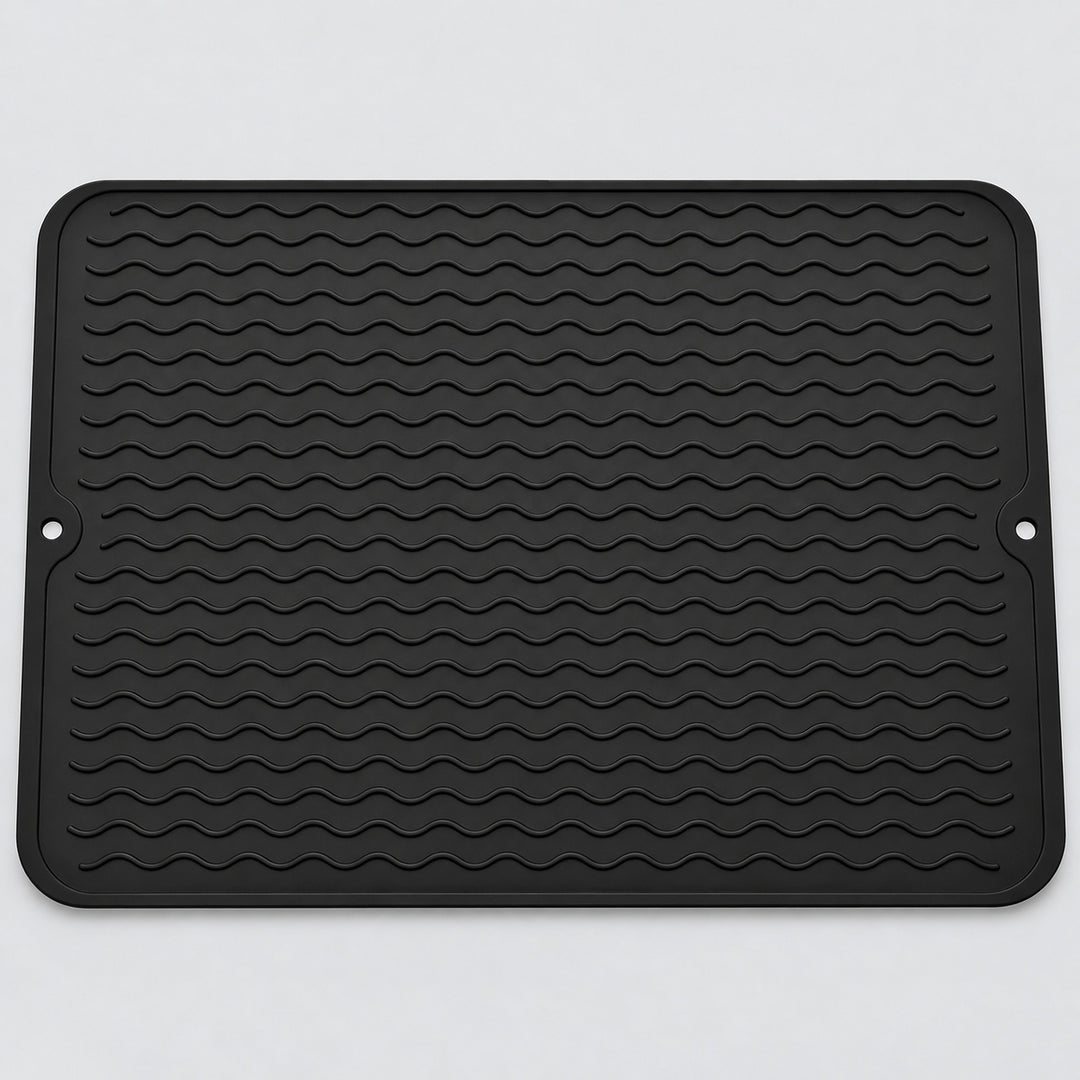 Black wavy-ridge silicone mat with two hanging holes.