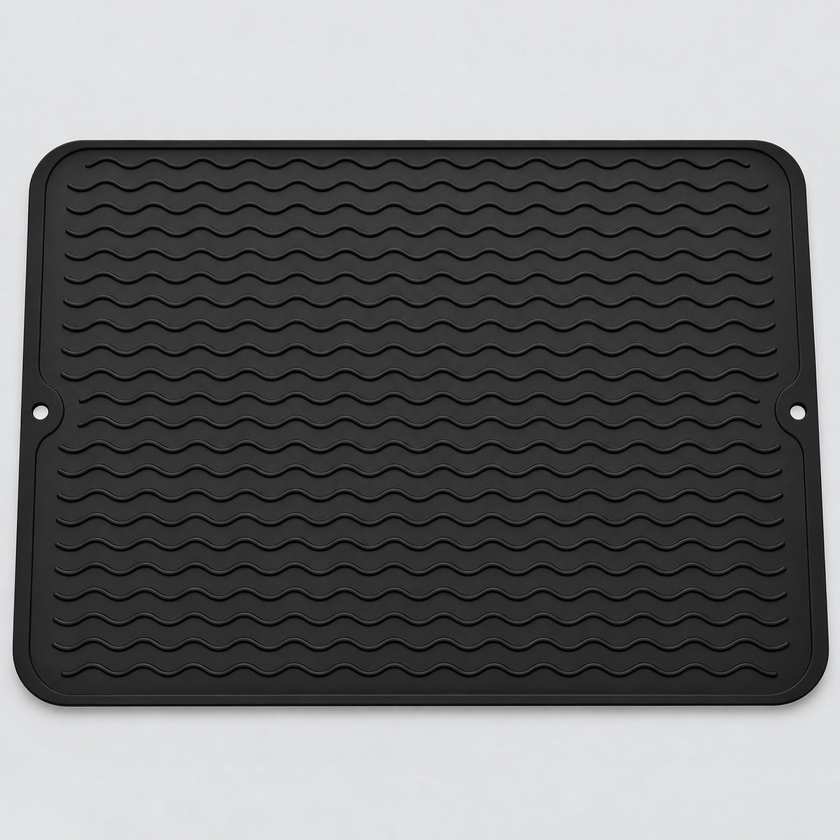 Black wavy-ridge silicone mat with two hanging holes.