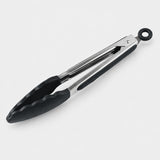 Black silicone-tipped stainless steel cooking tongs, 9 in.