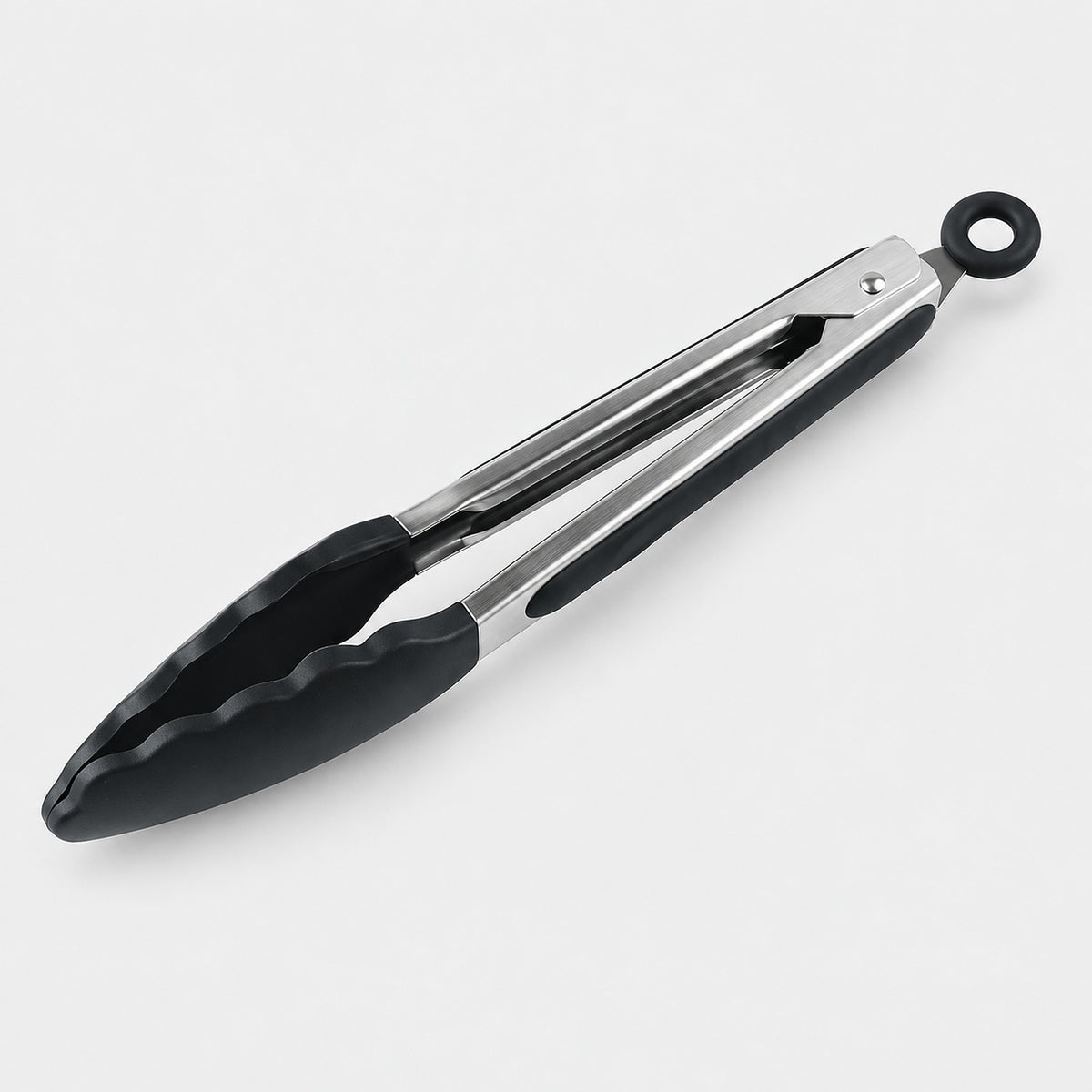 Black silicone-tipped stainless steel cooking tongs, 9 in.