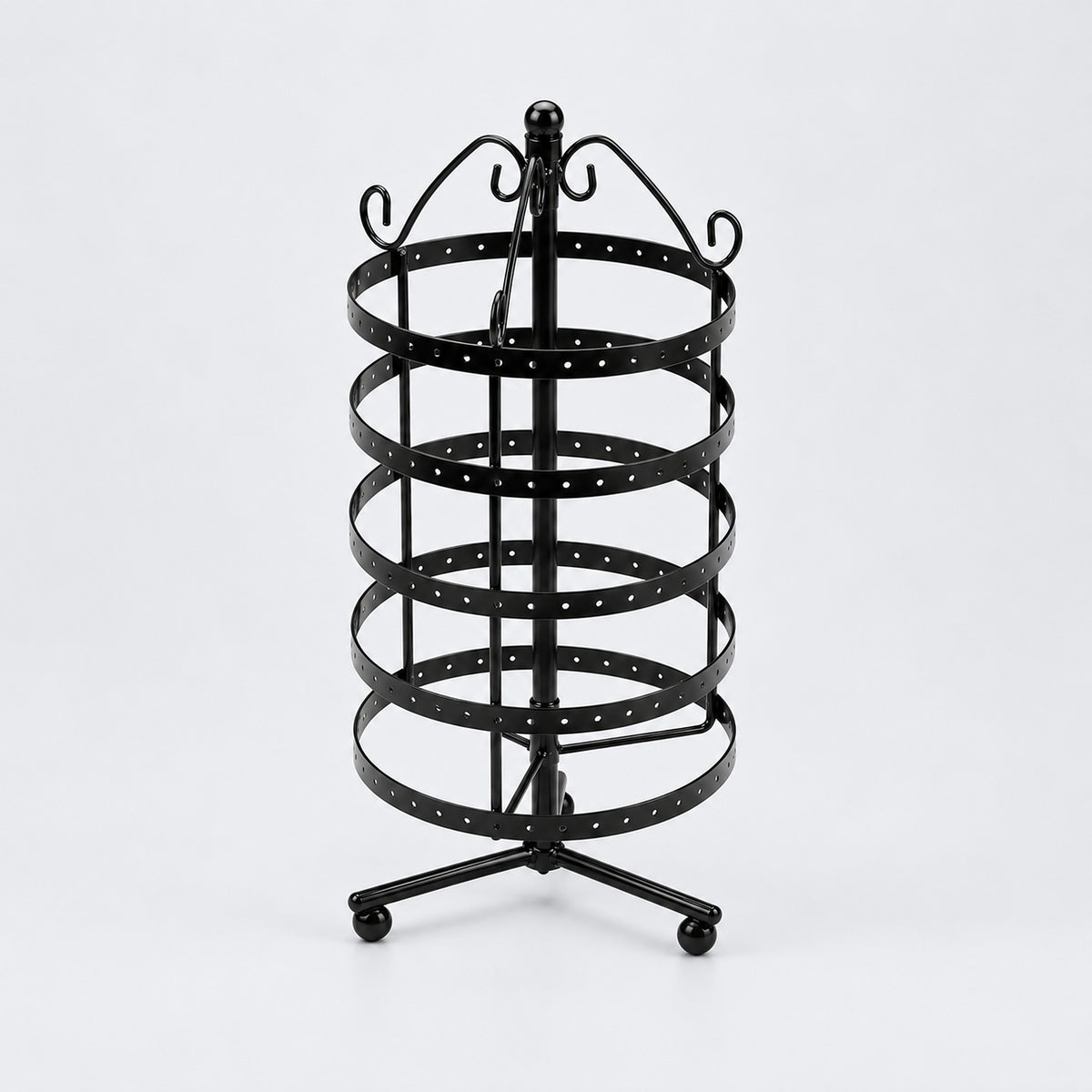 Empty black five-tier jewelry stand with three-foot black tripod with ball-ended feet, as source.