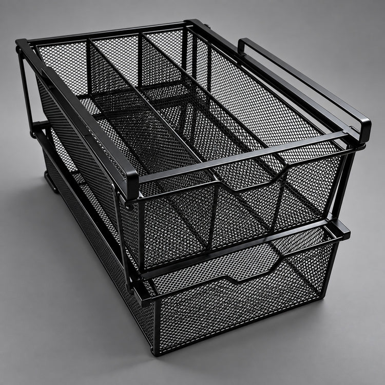 A black metal mesh desk organizer with two stacked pull-out drawers and integrated handles, photographed on a neutral gray studio background.