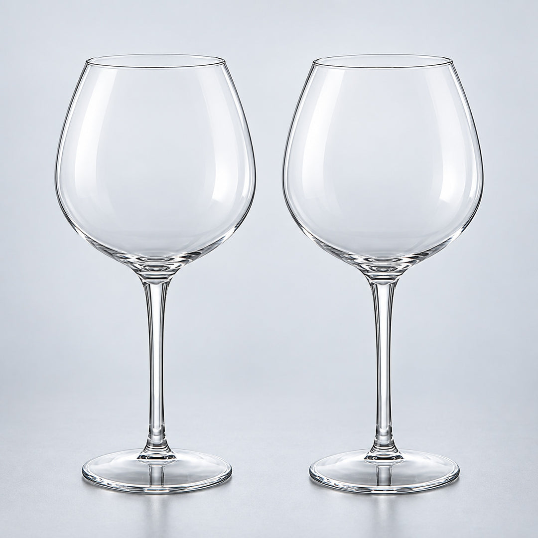 Burgundy set of 2: 2 empty clear stemmed Tritan wine cups on a pale gray studio background.