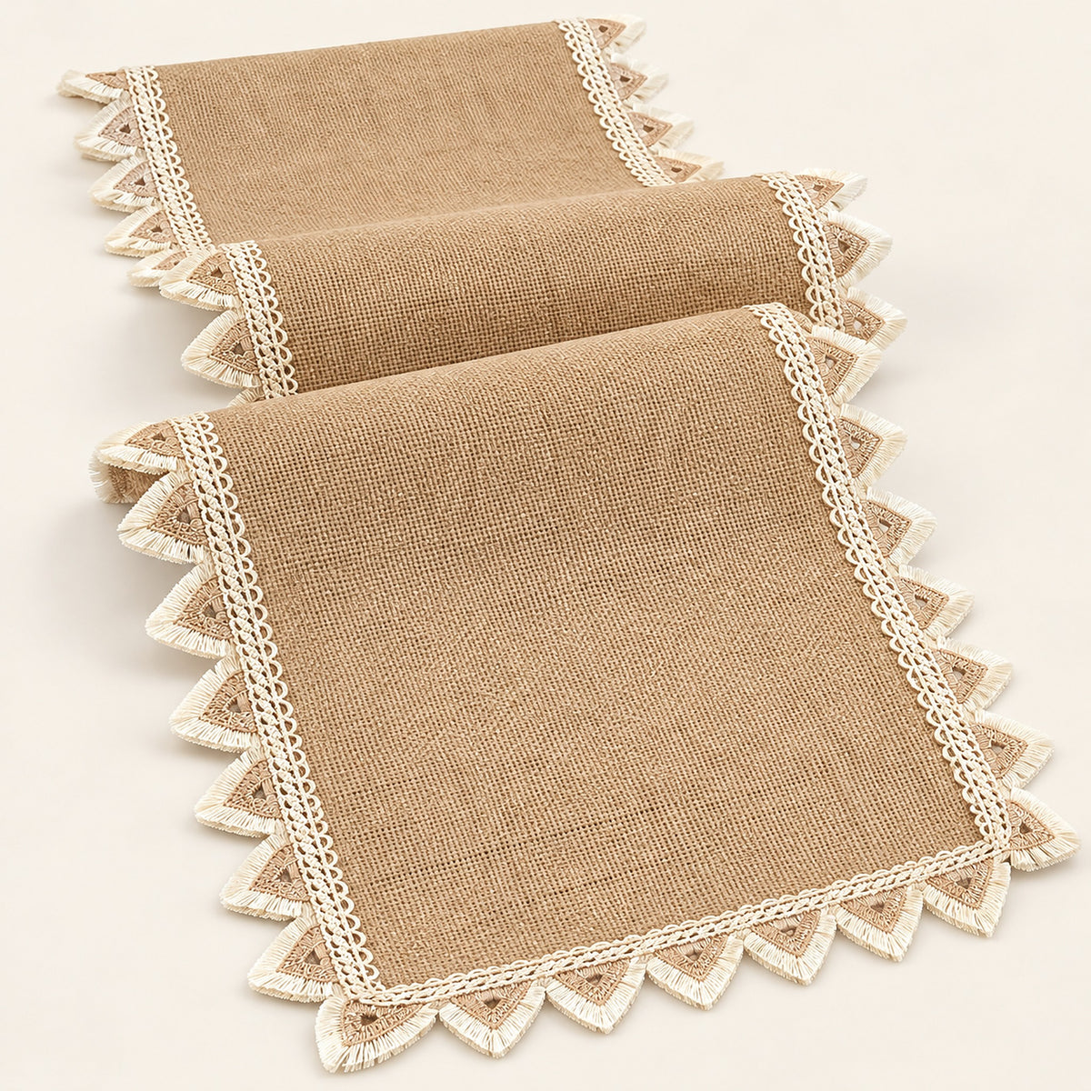 One tan runner with cream triangle trim, selected length.