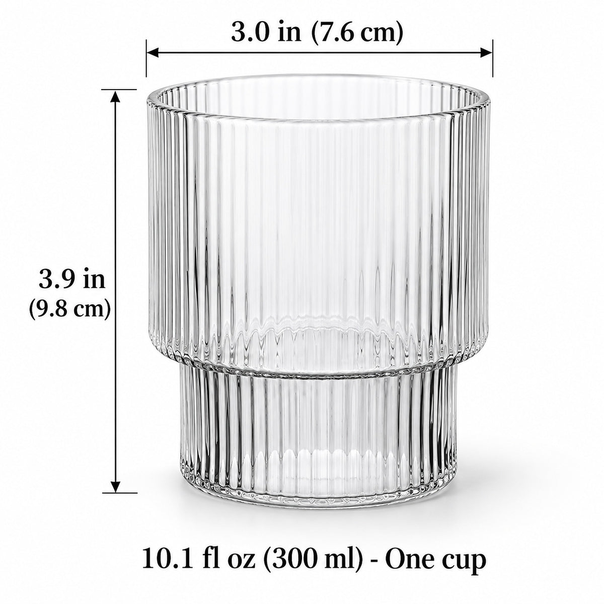 One 300 ml clear ribbed glass cup, 7.6 cm mouth diameter and 9.8 cm high.