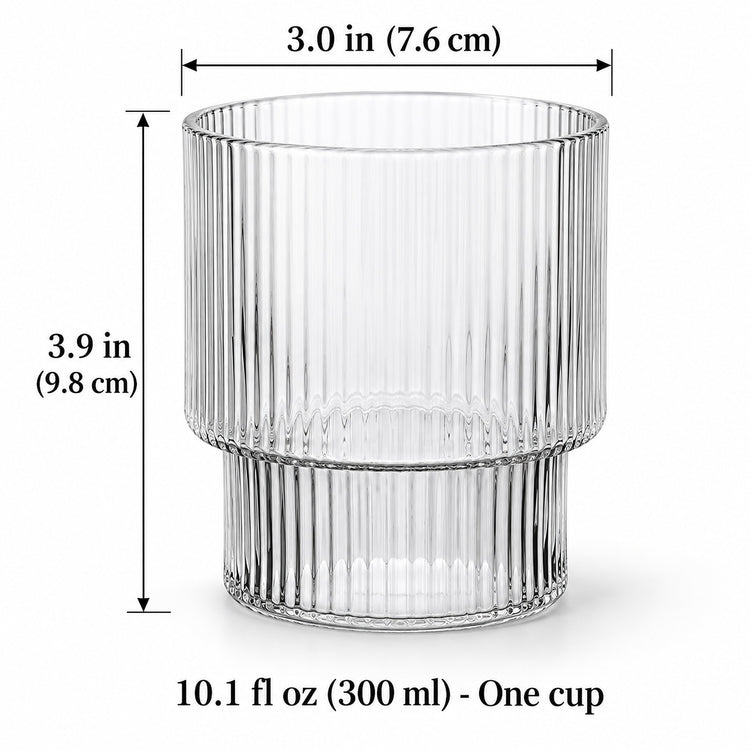 One 300 ml clear ribbed glass cup, 7.6 cm mouth diameter and 9.8 cm high.