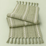 One green fringed runner on pale green studio background; length selected separately.