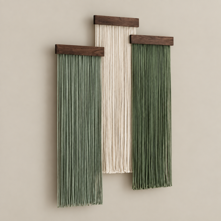 Three vertical wall hanging macrame wall decor pieces with dark wood tops, one in sage green and two in cream, displayed on a beige wall.