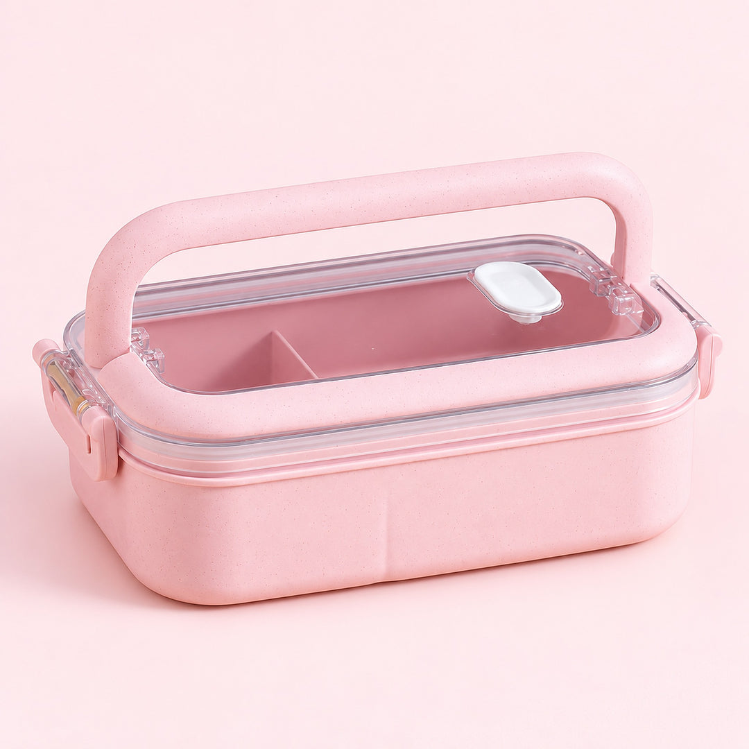 pink single layer plastic bento lunchbox with clear lid and carry handle.