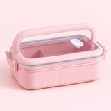 pink single layer plastic bento lunchbox with clear lid and carry handle.