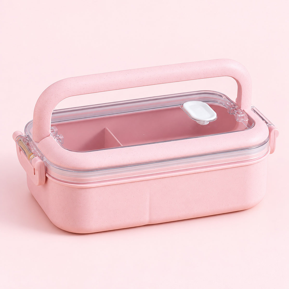 pink single layer plastic bento lunchbox with clear lid and carry handle.